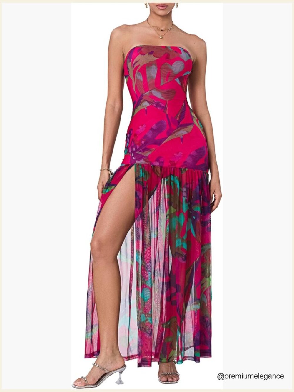 Strapless Backless Mesh High Slit Maxi Bodycon Dress Party Club